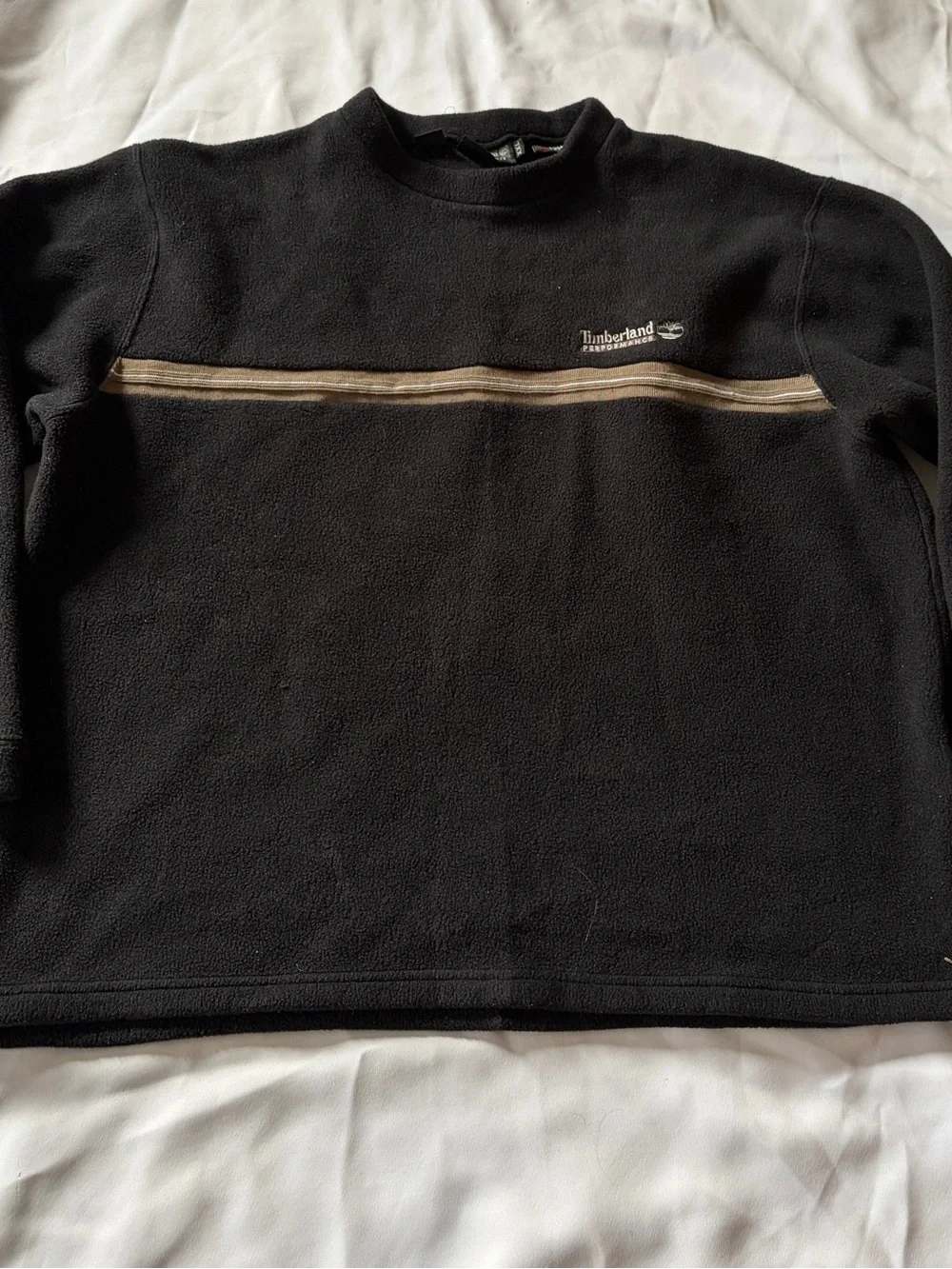 Timberland Black Crewneck Fleece Sweater with Tan Stripe